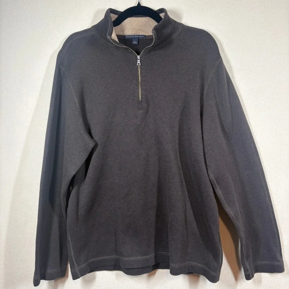 Vtg Banana Republic Mens 1/4‎ Zip Pullover Sweater Large Brown Preppy Academia